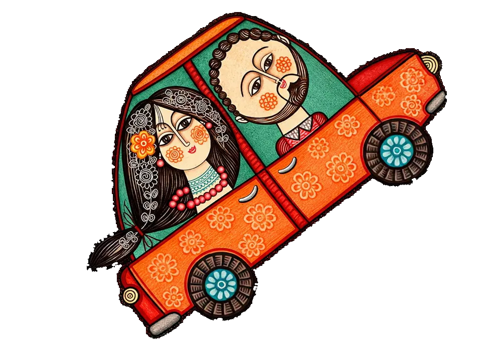 Illustrated orange car with two figures